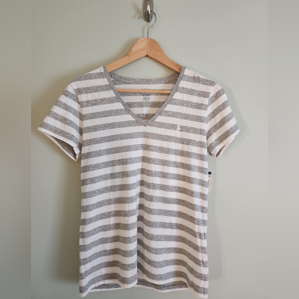 NWT Women's Polo Ralph Lauren Gray & White Stripe V-Neck Tee